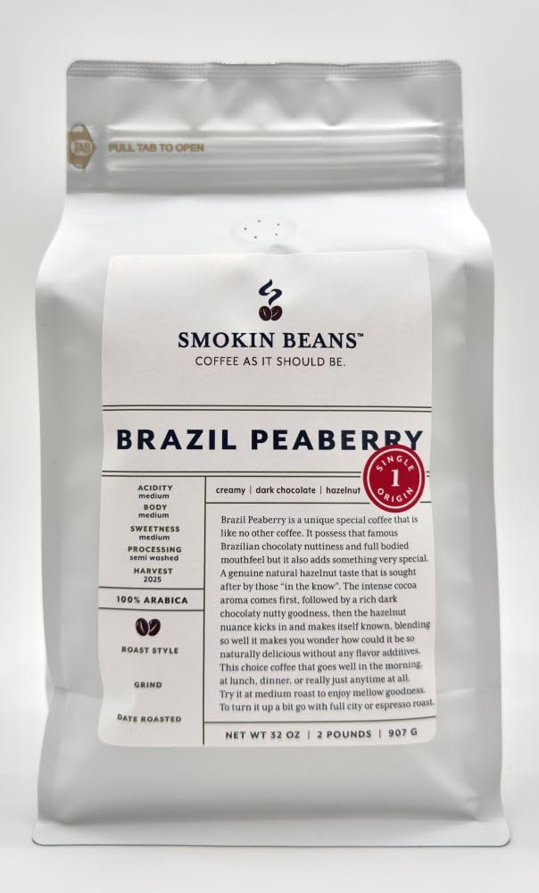 Smokin Beans 2-Pound Brazil Peaberry Freshly Roasted Coffee, Semi-Washed Processing, Full City Roast, Premium Whole Bean Specialty Coffee