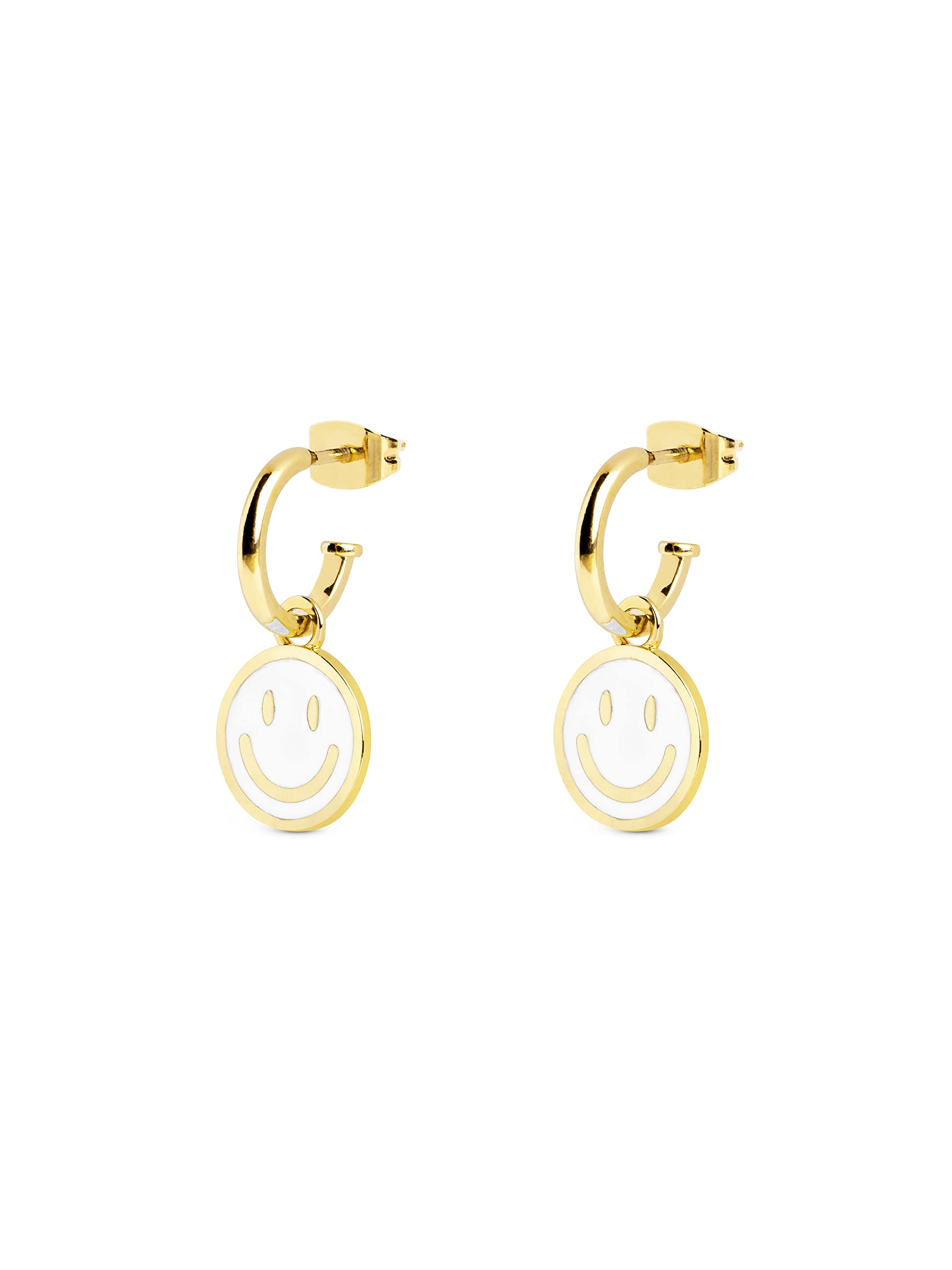 SINGULARU Pendientes Aro Smiley Enamel - Pendientes en Latón con Acabado Baño de Oro de 18 Kt. - Pendientes Cierre Tuerca a Presión - Joyas para Mujer