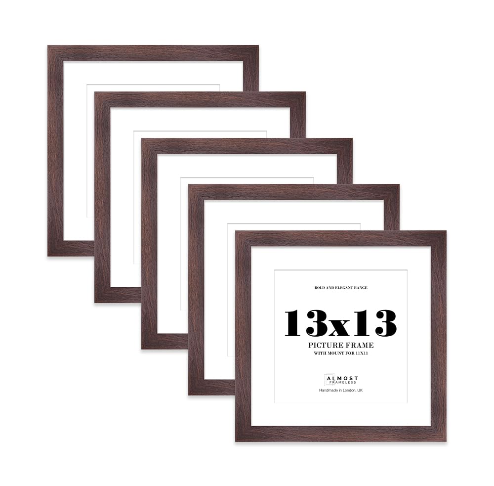13x13" Walnut Square Frame With Mount for 11x11" Pictures 28mm Edge Frame Display with Wall Hooks, 5 Pack