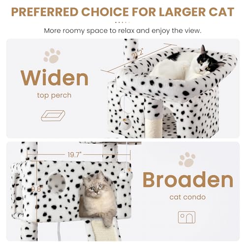 Image of SHA CERLIN 65in Larger Cat Tree Tower Condo for Indoor Kitties /Multi-Level Furniture Activity Center with Wide Base /Cozy Plush Perches /Baskets /Sisal Scratching Posts and Hammock /White & Black Spot