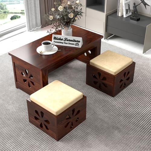 Image of Sheesham Wooden Coffee Table for Home, Office | Solid Wooden Center Table for Living Room, Meeting Room Center Tea Table, Solid Wood Sofa Side End Table in Flower- Walnut Finish