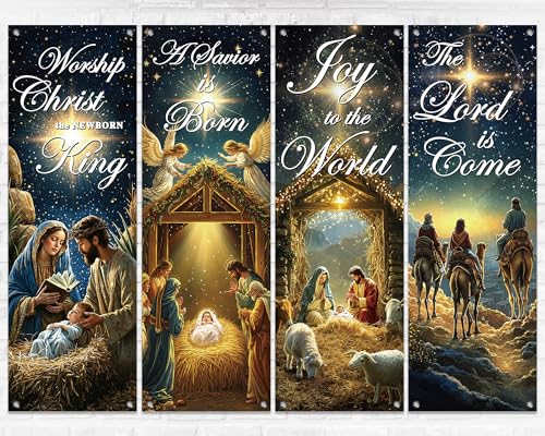 4pcs Christmas Church Banners for Sanctuary Wall Religious Nativity Welcome Hanging Backdrop Christian Jesus Bible Verse Banner Inspirational Worship Hanging Signs for Church Sunday School Decoration