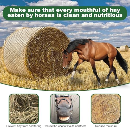 Red de alimentación de heno para caballos, diseño de balas redondas sin nudos y con agujeros de 2 pulgadas para una fácil alimentación, red resistente para ponis, burros y ganado