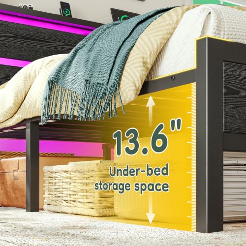 Image of Homkdom Twin Metal Bed Frame with LED Storage Headboard & USB Ports Black | Underbed Space for Robot Vacuum, Noise-Free Quiet Sleep Setup for Teens Room, College Dorms & Small Studio Apartments