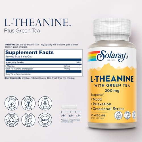 Image of SOLARAY L-Theanine 200mg with Green Tea - Healthy Mood, Relaxation and Occasional Stress Support - Lab Verified, Vegan, Gluten Free - 45 Servings, 45 VegCaps