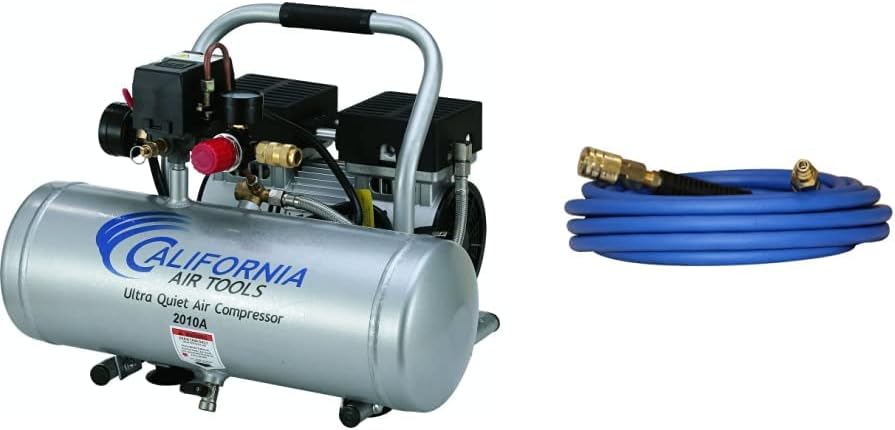 California Air Tools 2010A Ultra Quiet and Oil-Free 1.0 HP 2.0-Gallon Aluminum Tank Air Compressor,Silver & Hybrider Flex 1/4in 25ft Hybrid Air Hose with Quick Connect Air Fittings