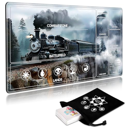 Image of for MTG Playmat with Card Storage Bag,Non-Slip Rubber Base & Smooth Surface 24x14in,Beginner-Friendly Magic Mat for Commander Deck,Retro steam Train