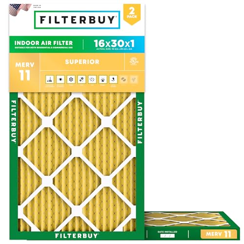 Filterbuy 16x30x1 Air Filter MERV 11 Superior Pet & Allergy Defense (2-Pack), Electrostatic Pleated HVAC AC Furnace Filters Replacement (Actual Size: 15.75 x 29.75 x 0.75)