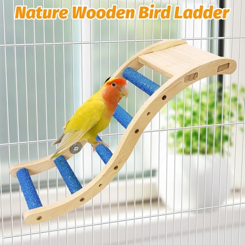 Image of Nature Wooden Bird Ladder Pet Parrots Climb Bridge Exercise Stands for Parakeet Climbing Chewing Bridge Bird Cage Accessories for Cockatiel Parakeet Lovebirds Budgie (Blue)