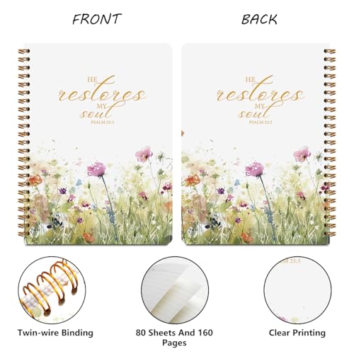 Image of 2Pcs Bible Verse Christian Notebook for Women, Christian Art Gifts Journal, Prayer Journal for Women, Bible Journaling Notebook, PSALM 23:3 He Restores My Soul Floral Spiral Notebooks 5.5x8.3 inch