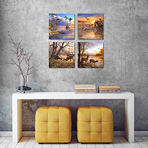 Arthome520 Yellow Fall Landscape Wild Duck Wall Art Wildlife Canvas Printed Oil Painting Home Decor Orange Animal Deer Picture For Living Room Modern Framed 4 Panel (12''X12''X4Pcs) #TOP2