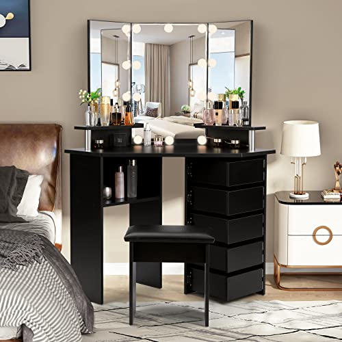 Vowner Vanity With Lights - Vanity Desk With 3 Color Lighting Options, Brightness Adjustable, Vanity Table With 5 Rotating Drawers, Shelves And Stool, Corner Vanity For Women Girls, Black 43“ L #TOP7