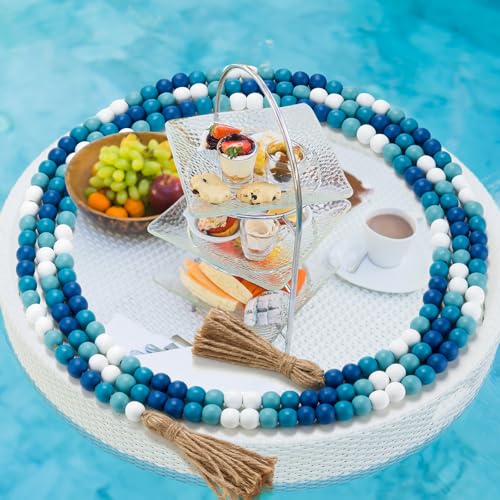 Image of Equsion Wooden Bead Garland with Tassels, Extra Long Fireplace Wood Bead Garlands Rustic Farmhouse Vintage Boho Beads Garland for Party Home Decor Tiered Tray Decorative Beads(Gradient Blue)