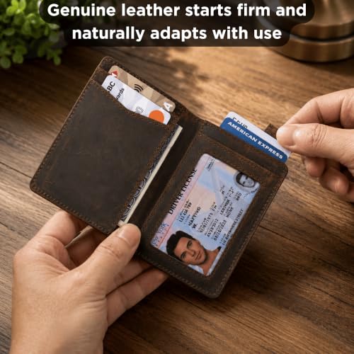 Image of Slim Credit Card Holder Wallet for Men & Women - RFID Blocking Minimalist Mens Wallets - Thin Bifold Leather Front Pocket Card Case with Gift Box, Dark Brown, Minimalist