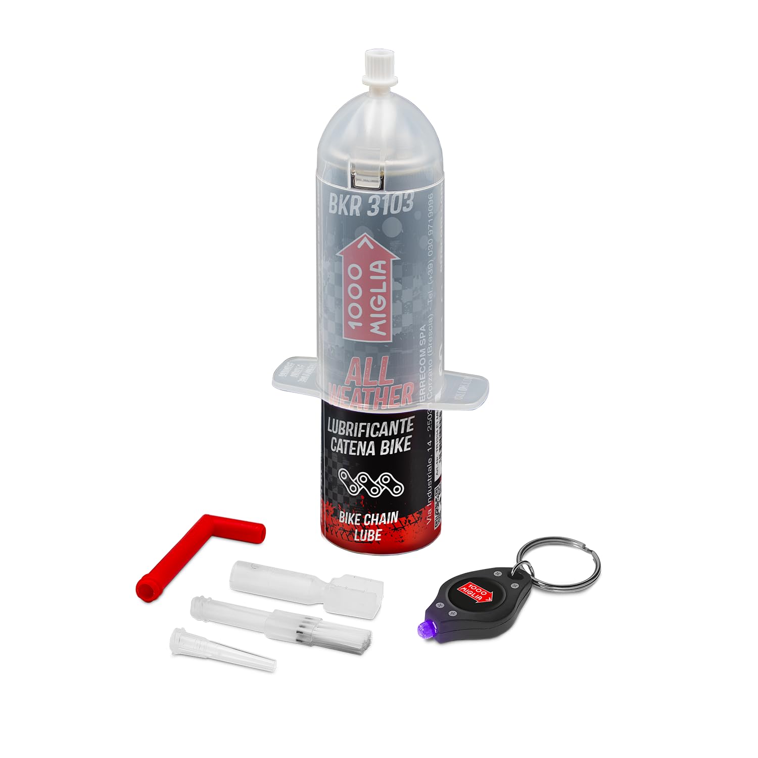 ERRECOM 1000 Miglia BKR 3103 ALL WEATHER Lube Bike Chain for all Weather Conditions, Protected lubricant: no contact with the propellant gas, Bag on Valve technology 60 ml + UV lamp