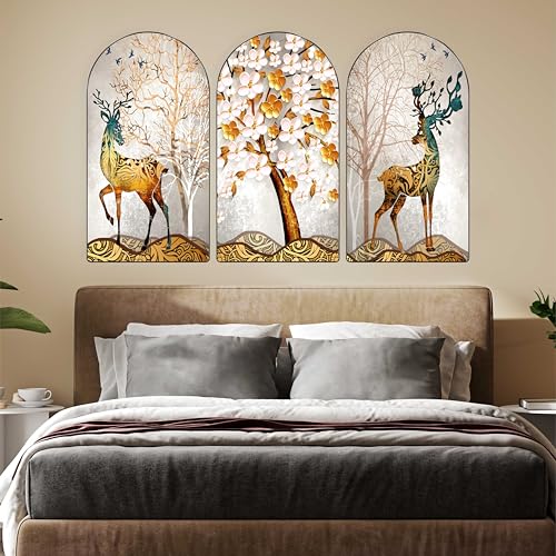 Image of Livin'luxe Set of 3 Golden deer with vastu money Tree Wall Painting for Living Room, Bedroom, Hotels - Big Size stylish frame 50 inch x 30 inch Wall Art for Home Decoration RPNL-12