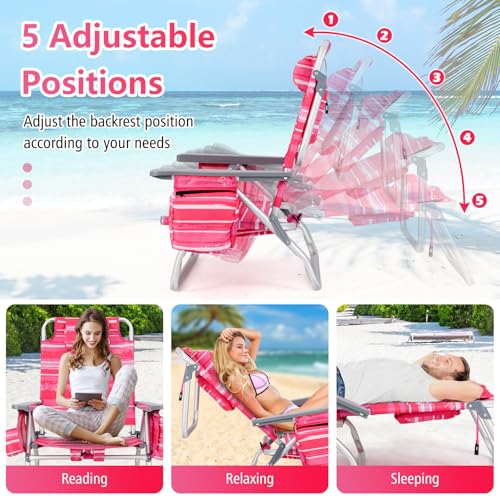 Image of Giantex Folding Beach Chair, Patio Sling Chairs with 5 Adjustable Position, Head Pillow, Storage Bag, Towel Bar, Cup Holders, Backpack Chairs for Sunbathing, Camping Chair