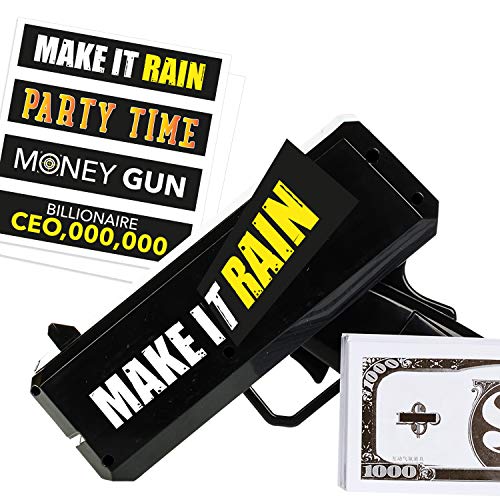Money Gun Make It Rain - Fun Shooting Prop Cash Gun Shooter, Includes Fake 100 Dollar Bills & 4 Unique Black Stickers for all Celebrations. Shoot Some Supreme Fun into your Bachelor Party or Wedding!