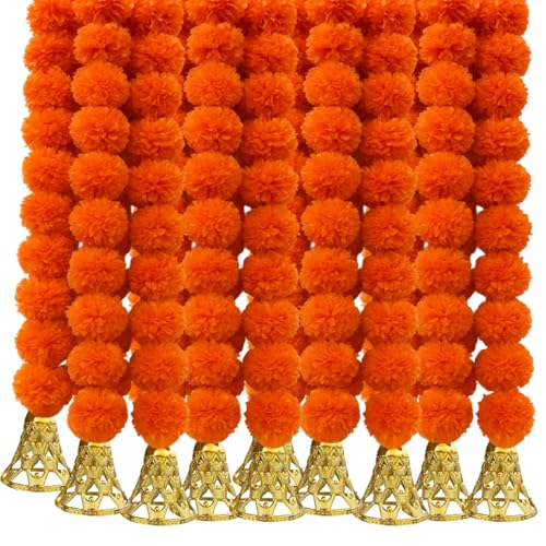 Image of Marigold Garlands Decoration with Bell, Artificial Flowers for Decorations Hanging Garlands for Home Decorations, Ganpati Decoration /Diwali Decoration for Home Decor- (Orange, Pack of 10)