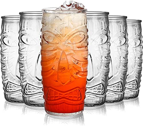 Jucoan 6 Pack 20oz/600 ml Modern Bar Tiki Glasses Tiki Cup Tiki Mug Double Old Fashioned Glass Hawaiian Style Glass Perfect for Mai Tai Exotic Zombie Cocktails Tropical Island Drinks
