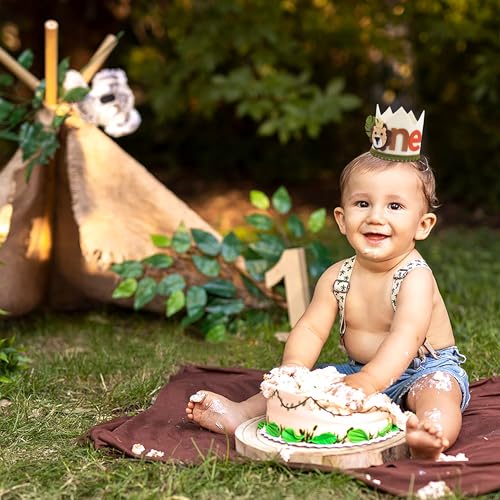 Image of Lion 1st Birthday Crown - Jungle Safari Wild One Birthday Cap Decoration for Boys, First Birthday Decoration for Baby Boy