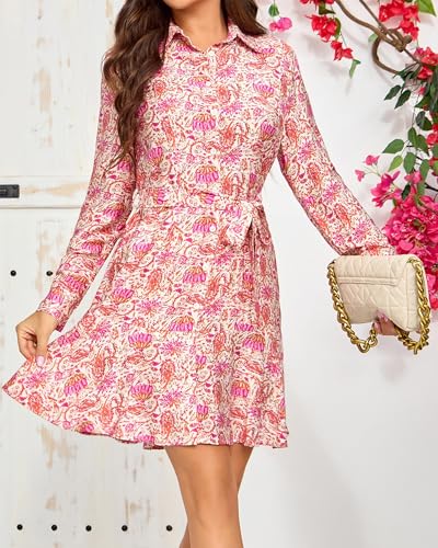 Image of Women's Long Sleeve Button Up Midi Belt Shift Collar Dress with Pockets for Work Office Business