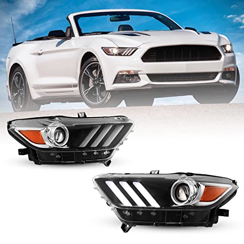 ROXX Headlight Assembly Compatible with 2015 2016 2017 Ford Mustang, Full LED Projector DRL Headlights Front Lamps Pair w / High Low Beam Reflector
