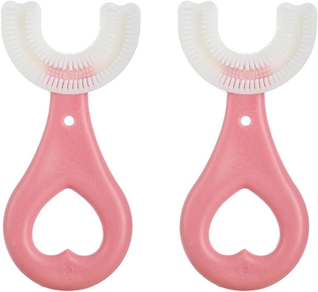 Set of 2 Kids U-Shaped Whole Mouth Teeth Brush, Silicone Bristles Massage Gums, All-Round Cleaning, Manual (2-6Y, Pink+Pink)