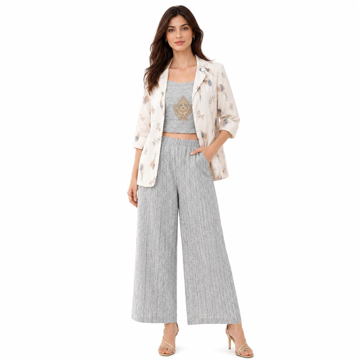 3 Piece Coord Set, Grey Ethnic Motif Embroidary Work Crop Top and Palazzo with Floral Printed Jacket (M)-image-41