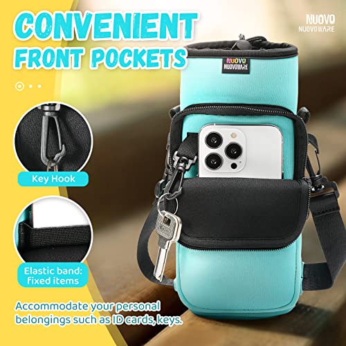 Nuovoware Water Bottle Carrier Bag, 25oz/32oz Bottle Pouch Holder, Adjustable Shoulder Hand Strap 2 Pocket Sling Neoprene Sleeve Sports Water Bottle Bag for Men Women Hiking Travel, Turquoise