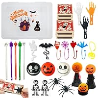 26P Halloween Party Favors for Kids,Halloween Toys Party Bag Fillers,Pumpkin Squeeze Toy,Skeleton Spider Sticky,Jumping Finger Puppet,Stretchy Fidget Noodles String,Rewards Games Toys Gift for Adults