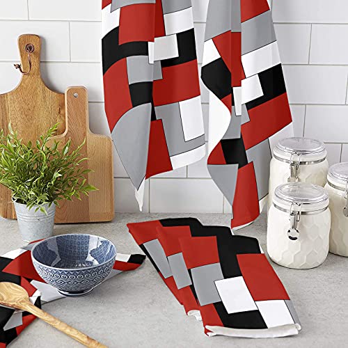 Image of Geo Kitchen Towels,White Grey Black Red Abstract Irregular Geometric 16x28 Inches Soft Kitchen Dish Cloth,Cotton Tea Towels /Bar Towels /Hand Towels,(4 Pack)