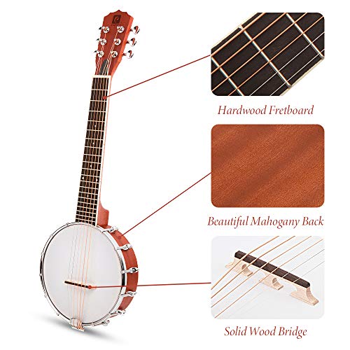 Image of Vangoa 6 String Banjo Guitar Mini, 26 Inch Sapele Travel Banjo Guitar for Beginners with Bag, Pick-up, Strap, Picks