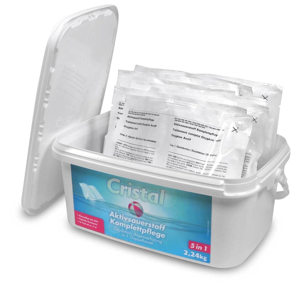 Cristal Aktivsauerstoff Set 2,24 kg - Inkl. Wassertester & Pflegebroschüre – Chlorfreie Poolpflege für klare Wasserqualität - Vordosierte Doppel-Beutel