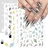 Silver Nail Stickers Y2K 3D Self-Adhesive Chrome Nail Art Stickers Metal Flame Nail Decals Holographic Gold Fish Bone Design Irregular Laser Stripe Lines Nail Supplies for Nail Manicure Decor 6 Sheets