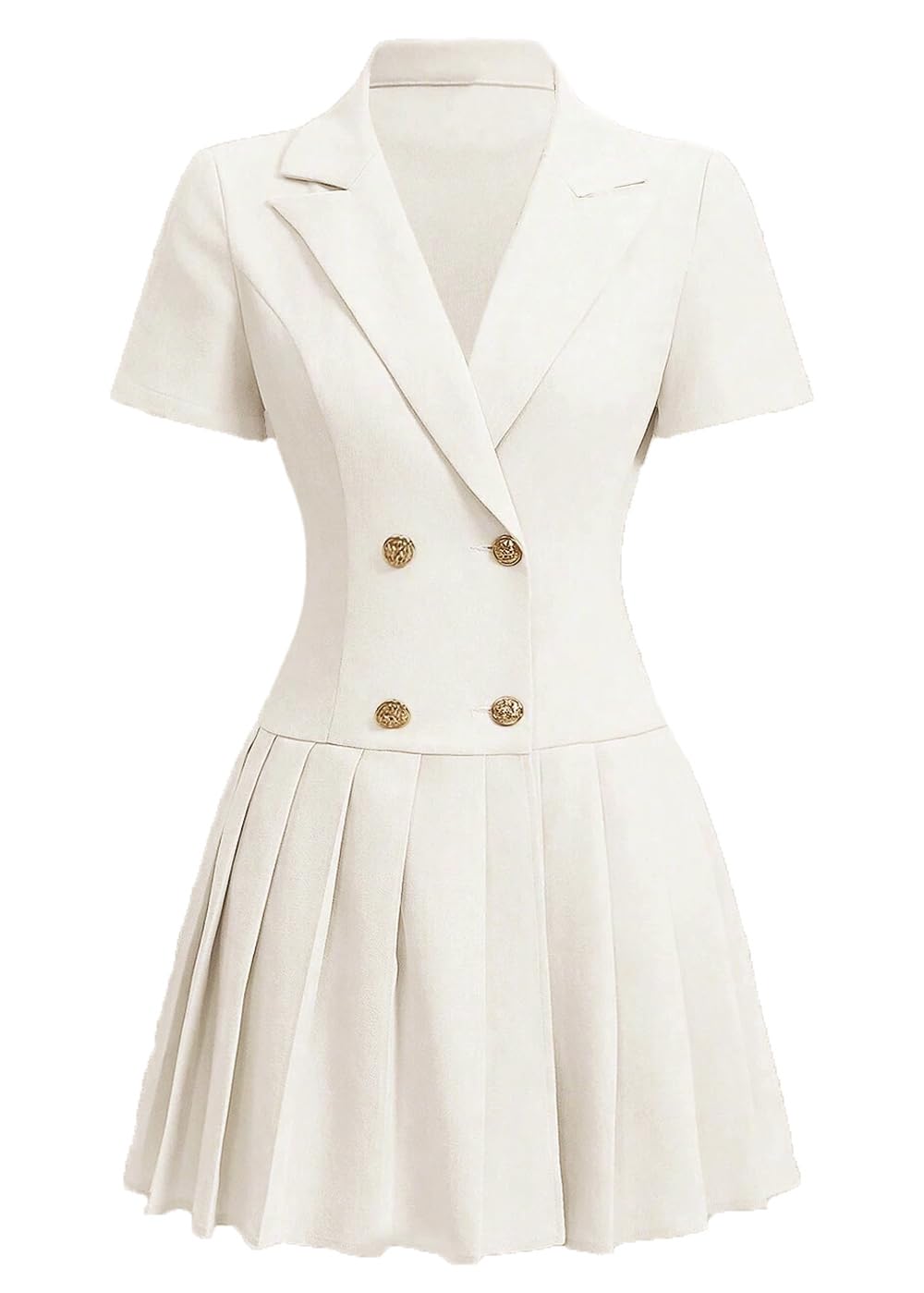 Nihsatin Womens Double Breasted Blazer Jacket Lapel Collar Short Sleeve Pleated Hem Blazer Dress