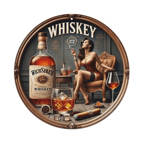 Plaque ronde en métal vintage Whiskey Lady - Décoration murale - 20,3 x 20,3 cm