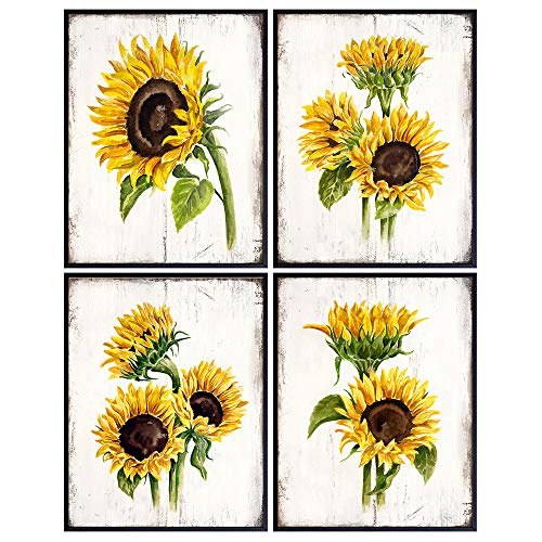 Farmhouse Sunflowers – Rustic Classic Residence Decor, Wall Artwork, Room Ornament for Kitchen, Eating Room, Bed room, Toilet, Condo – Boho Nation Housewarming Reward for Ladies – Yellow Inexperienced Image Set