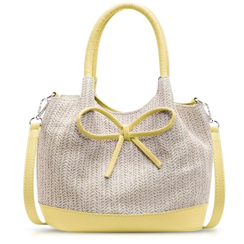 Bow Tie Tote Bag for Women, Straw Beach Bag Large Capacity, Handbag for Vacation Travel Daily(Yellow)