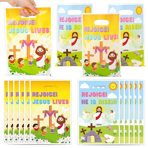 Easter Religious Party Favor Bag - 50Pcs He is Risen Rejoice Goodie Treat Candy Gift Bags Christian Cross Jesus Lives Party Supplies for Spring Easter Bible Sunday School Jesus Birthday VBS Church