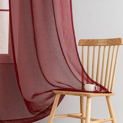 Image of Sheer Curtains 84 inch Length 2 Panels Set, Semi Sheer Privacy Curtain Drapes, Burgundy Rod Pocket Window Treatments Voile Curtains for Windows Living Room Bedroom Sunroom French Doors, 52 inchW x 84 inchL
