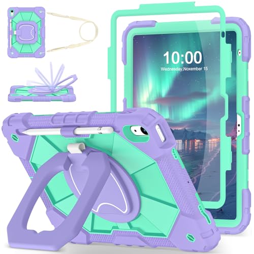 Image of WESOROL Case for iPad (A16) 11th /10th Generation 2025 /2022 with Screen Protector Rotating Stand Pencil Holder Shoulder Strap Heavy Duty Shockproof Cover for iPad 10th Gen Case,Purple Green