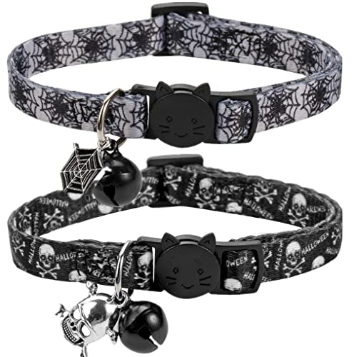 Cat Collar Halloween Set of 2 Skull Cat Collar for Small Dogs Holiday Kitten Collar with Bell