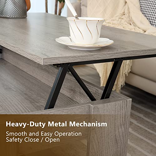 Weenfon 38" Lift Top Coffee Table With Hidden Compartment & Open Storage Shelf, Pop Up Coffee Table For Living Room, Office, Grey #TOP4