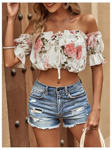 Milumia Women's Floral Off Shoulder Blouse Puff Short Sleeve Frill Trim Tie Front Crop Top4