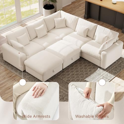 Image of Ihanherry Oversized Cloud Sectional Couches for Living Room, Modular Sectional Sofa with Wide Deep Seat, Coner Couch with Throw Pillow and Storage Ottoman, Beige
