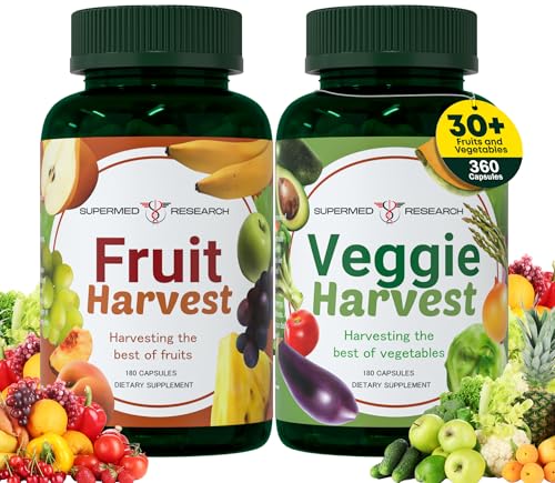 Supermed Research Fruits and Vegetables Supplements 2 Pack Combination Fruit & Veggies Supplement Whole Food Vitamins & Minerals for Adults Superfood Veggie Vitamins for Adults (180 x 2 360 Ct)