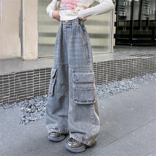 Girls Baggy Wide Leg Cargo Jeans Elastic Waist Vintage Fashion 𝐘2K Denim Trousers Work Denim Pants with Pockets2