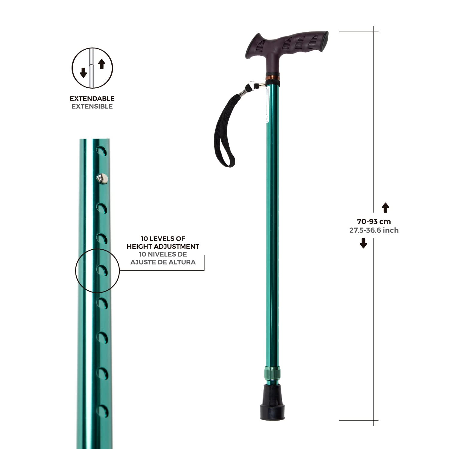 Bastón Ortopédico Regulable en Altura 72-95 cm – Fabricado en Aluminio – Empuñadura Anatómica de Tacto Suave y Ambidiestra con Cinta de Sujeción – Contera Antideslizante 19 mm