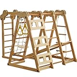 SHAIRMB 7-in-1 Multifunktionales Faltbares Klettergerüst aus Holz mit Rutsche, Kletterstange, Schaukel, Kletterseil, Netzleitern und mehr, für Kinder Indoor, Platzsparend,Natural